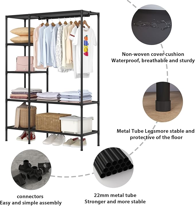 Dttwacoyh Portable Closets for Hanging Clothes, Clothing Rack with Shelves,Easy to Assembly,Suitable for Cloakroom,Bedroom,Living Room,etc.Black