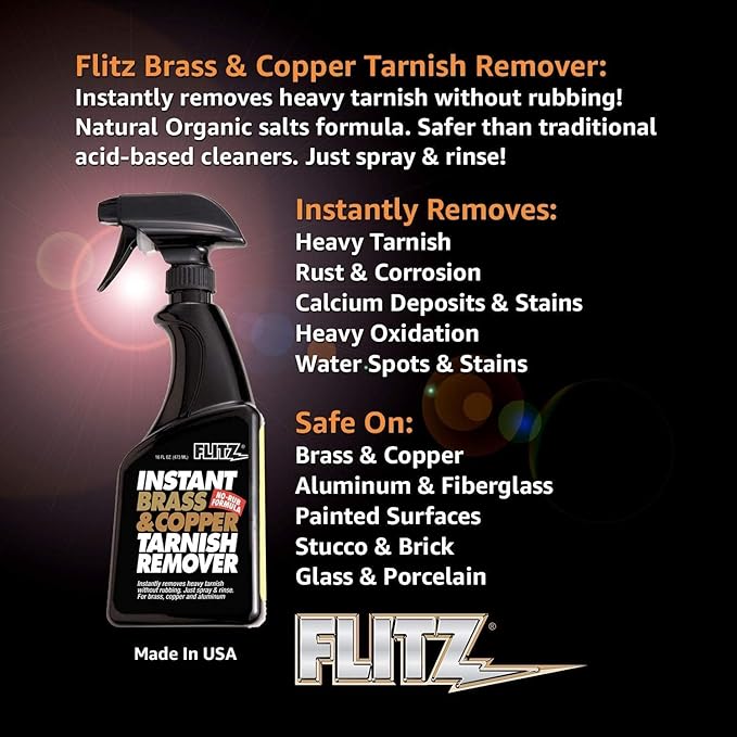 Flitz Instant Brass and Copper Tarnish Remover - 16oz Bottle of USA-Made Organic Rust Remover Spray (No-Rub) - Removes Stains & Oxidation from Glass & Aluminum - Brass Cleaners That Work (1 Pack)