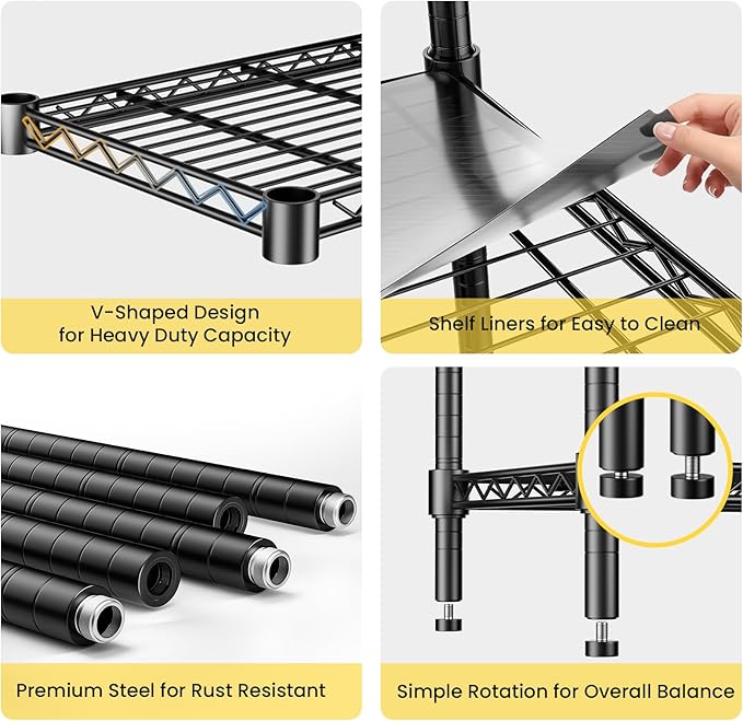 45" W Storage Shelves 5 Tier Wire Shelving, Adjustable Metal Shelving Unit with Shelf Liners, 1875LBS Heavy Duty Storage Rack for Garage Pantry Kitchen Commercial, 45" W x 16" D x 72" H, Black