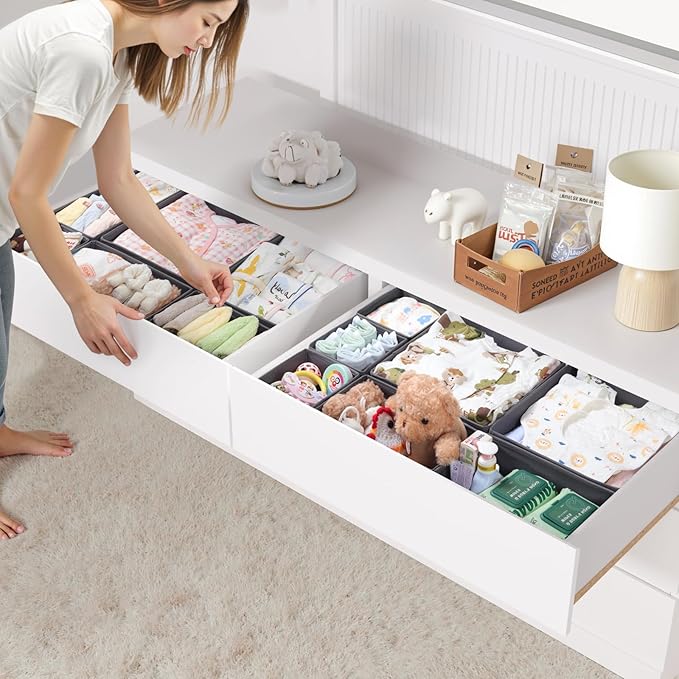14 Pack Drawer Organizer for Clothes Dresser Organizer for Nursery-Perfect Baby Cloth Organizer and Storage General Nursery Organization or Dresser Drawer Organizer Bins Foldable Washable Grey