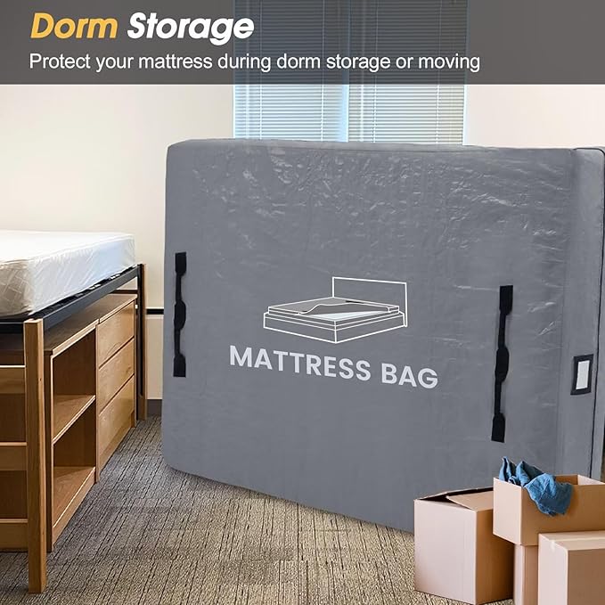 Mattress Bags for Moving and Storage, BETU Waterproof Mattress Protector Twin XL Mattress Cover for College Dorm Essential with 8 Heavy Duty Handles and Zipper Thick Moving Supplies (82x42x13.5 Grey)