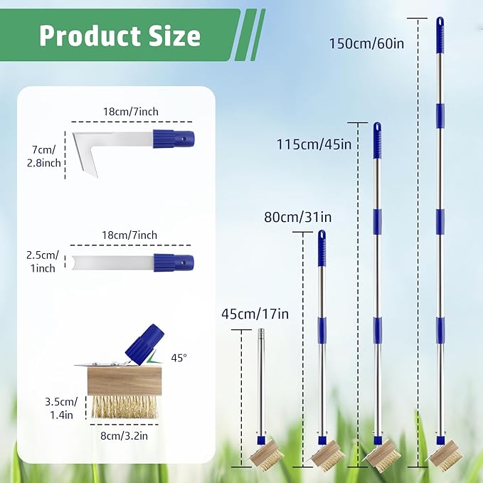 Crack Weeder Tool Long Handle, 60" Garden Tool for Weeding Between Pavers, 3 in 1 Hand Weed Scraper and Weed Brush Set, Manual Crevice Weed Remover Tools for Paver, Sidewalk, Driveway Crack, Patio