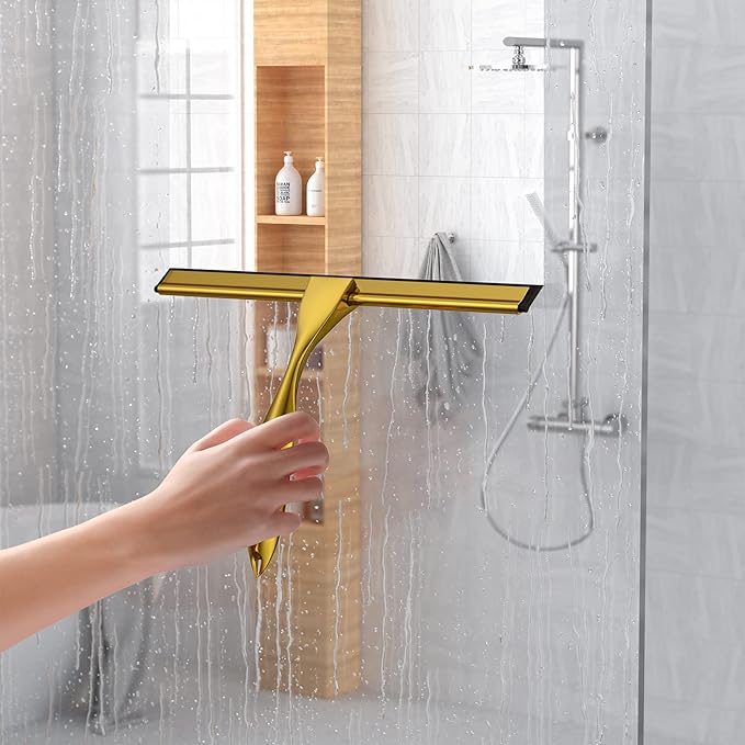 Shower Squeegee Set, 10-Inch Stainless Steel Squeegee for Bathroom, Shower Doors, Mirrors, Tiles, Car Windows - 100% Streak Free, Includes Shower Door Hook, Adhesive Hook and Spare Silicone Blade