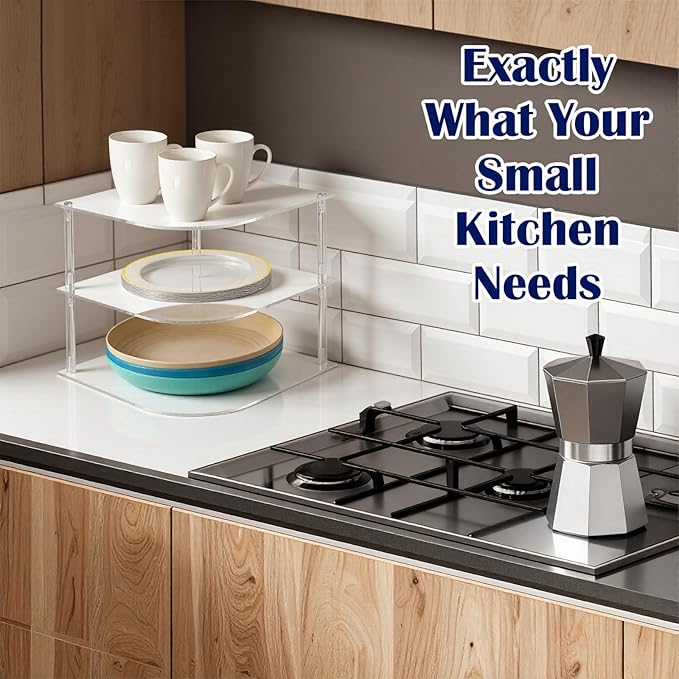 1 Pc Plate Organizer for Cabinet Space Saver - Clear Acrylic Corner Shelf for Dishes, Bowls - 3-Tier Kitchen Cabinet Plate Organization, Dinner Plates Holder, and Small Shelf for Bathroom Storage