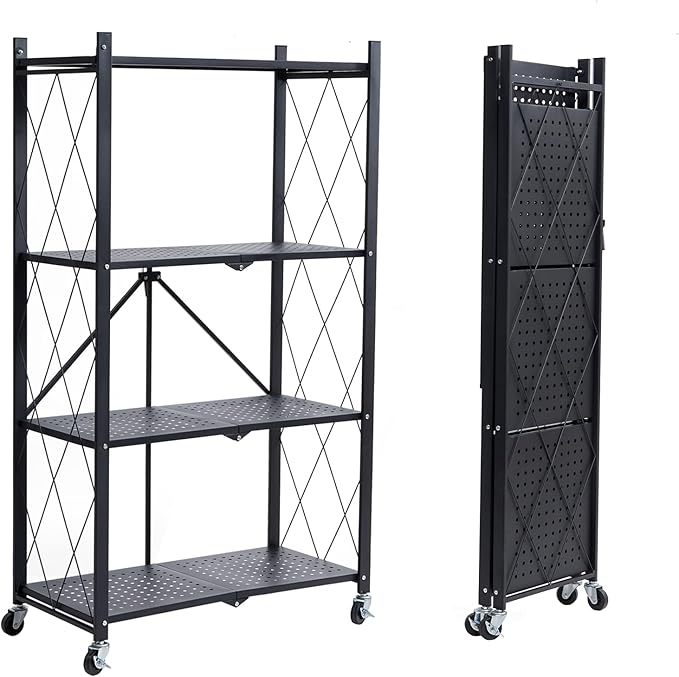 BRIAN & DANY 4-Tier Foldable Storage Shelves with Wheels, Folding Metal Rack Shelving Unit, Heavy Duty No Assembly Organizer Shelf for Garage, Kitchen, Basement, Pantry, Black