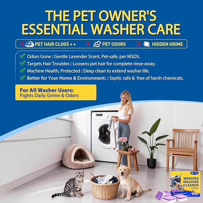 24 Count Washing Machine Cleaner for Pet Hair Relief Tablets - HE-Safe, Septic-Safe, Lavender Scent, 1-Year+ Supply, Pet-Friendly Washer Cleaner for Top/Front Load Washers
