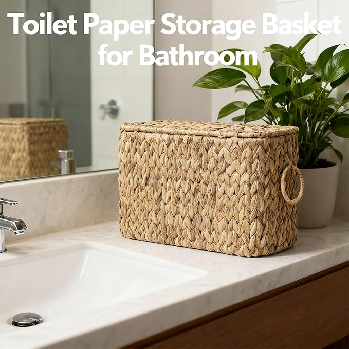 Toilet Paper Storage Basket,Water Hyacinth Wicker Basket with Lid and Handles for Bathroom Organizer and Storage,Toilet Paper Holder Stand with Storage,Papers Container for up to 6 Mega Rolls
