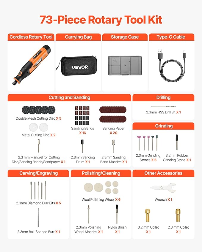 VEVOR 73-Piece Cordless Rotary Tool Kit, DC4V Portable Mini Power Rotary Tool, 5-Level Speed 7000-20000 RPM Multi-Purpose DIY Tools for Engraving, Sanding, Polishing, Carving, Cutting, DIY Crafts