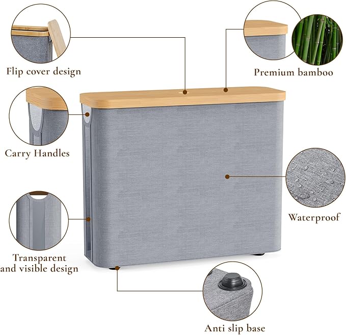 Toilet Paper Storage Basket with Bamboo Lid, Toilet Paper Holder with Storage, Free Standing Bathroom Storage Organizers with Non-Slip Bottom, Grey 2 Pack