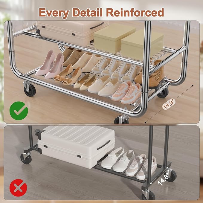 EAGMAK Heavy Duty Clothing Racks for Hanging Clothes 720 Lbs, Rolling Clothes Rack Double Rod Garment Rack with Lockable Wheels, Metal Closet Organizer for Bedroom, Laundry, Retail, Silver