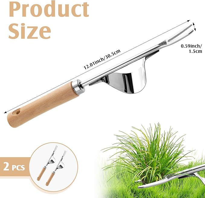 2 Pcs Hand Weeder Puller Tool for Garden Stainless Steel Two Pronged Fork Manual Weed Remove Dig Tool for Lawn Yard Farmland Cultivating Transplant Plant Flower Weeds(Straight Line Style)