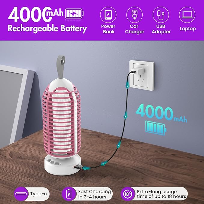 Bug Zapper Outdoor with Colorful Lighting and Auto-Sensing, 3 in 1 Cordless 4000mAh Battery Electric Fly Trap, Rechargeable Mosquito Zapper for Camping, Patios, Garden, Kitchen (1Pack-Pink)