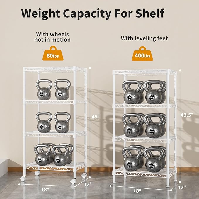 Golpart Small 4 Tier Shelves Storage Wire Shelving Unit Metal Shelf Adjustable Organizers Storage Shelving with Wheels for Bathroom Laundry Room Kitchen Pantry12”D x 18”W x 44.8”H White