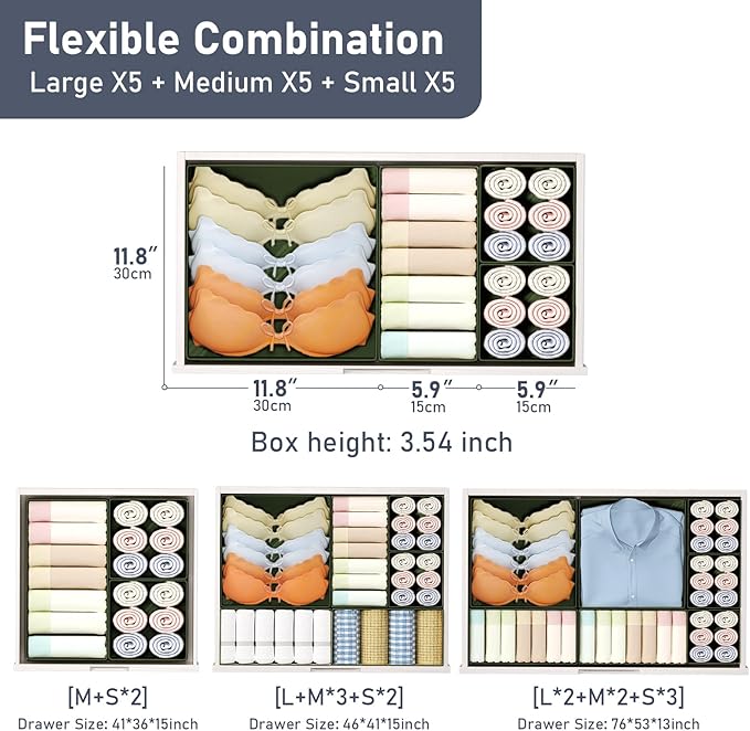 DIMJ Drawer Organizer Clothes 15 Pack - Foldable Baby Organizers and Storage & Dresser Organizer for Bedroom, Closet - Nursery Organization Dresser Dividers for underwear, Sock,Bra, Belt, Tie, Green