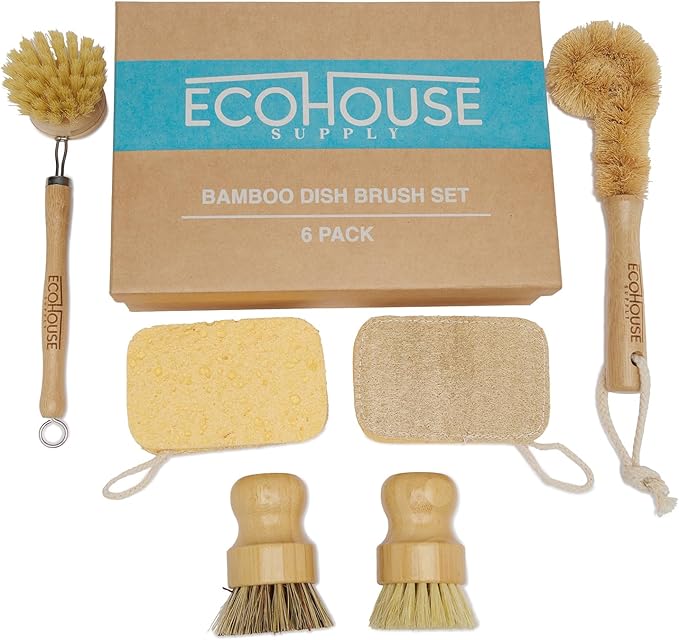 ECOHOUSE SUPPLY™ Bamboo Dish Brush Set – 6-Piece Natural Fiber Kitchen Brush Set with Loofah Sponges (No Bleach), Sisal & Palm Scrubbers – Non-Toxic, Eco-Friendly, Plastic-Free Dish Cleaning Brushes.