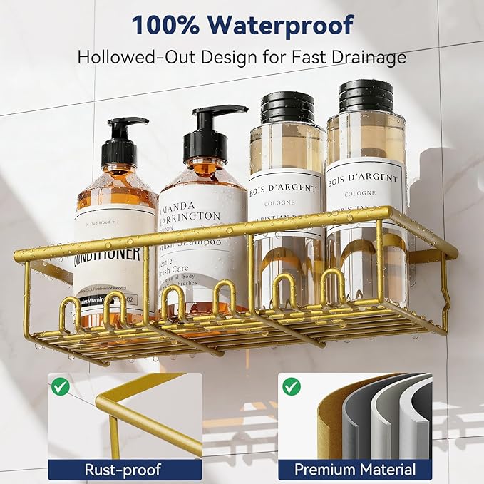 8 Pack Adhesive Rustproof Shower Caddy with Soap Dishes, Toothbrush Holder & Hooks, Large Capacity No-Drilling Shower Shelves Rack for Bathroom Organizers and Storage Accessories, Gold