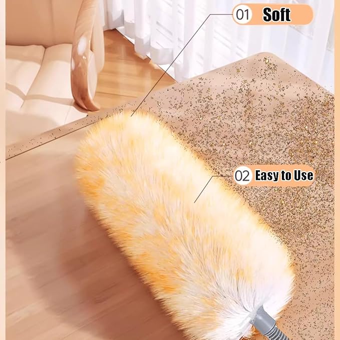 Feathers Duster 97" Long Telescoping Lambswool Duster with Bendable Wool Head - Ultra-Thick Stainless Steel Extension Pole for Cleaning