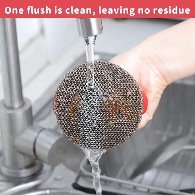 MEIXINZHI Cast Iron Cleaner, Chain Mail Scrubber & Pan Grill Scrapers - 2 in 1 Cast Iron Skillet Cleaner (red, Without mat)