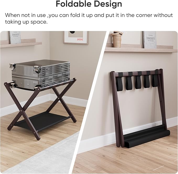 Smuxee Brown Bamboo Luggage Rack Pack of 2, Foldable Suitcase Stand with Storage Shelf, Easily Assembled Luggage Stand with 5 Nylon Straps for Guest Room Bedroom Hotel