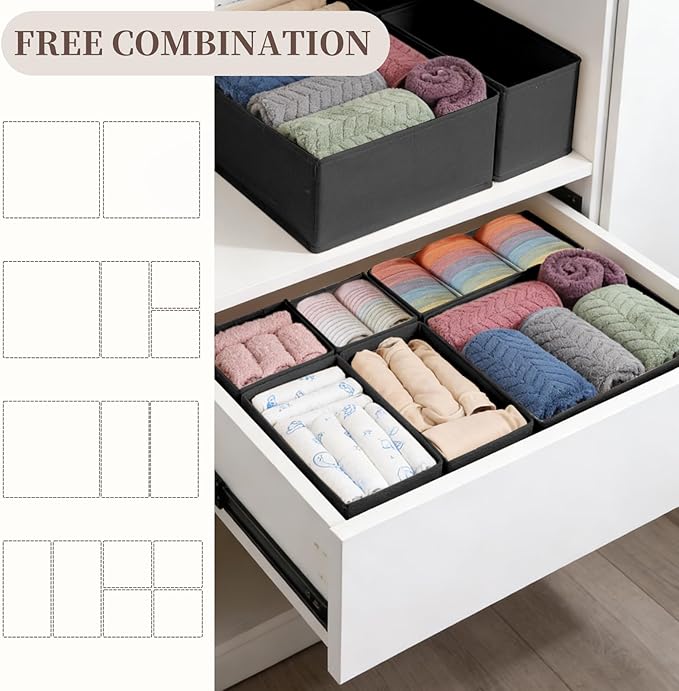 Drawer Organizer Clothes, 16 Pack Dresser Organizer Bins, Foldable Closet Organizers and Storage Fabric Dresser Bins, Shallow Drawer Dividers for Clothing, Underwears, Socks, Tie