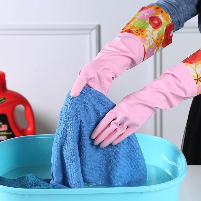 Bamllum 2 Pairs Rubber Cleaning Gloves, Household Kitchen Dishwashing Gloves with Cotton Flocked Liner, Long Cuff 16 Inches (Yellow+Pink, Small)