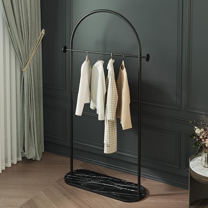 Black Arched Garment Rack with Marble Base, Freestanding Metal Clothing Rack for Bedroom,Entryway or Boutique, Modern Heavy Duty Coat Rack