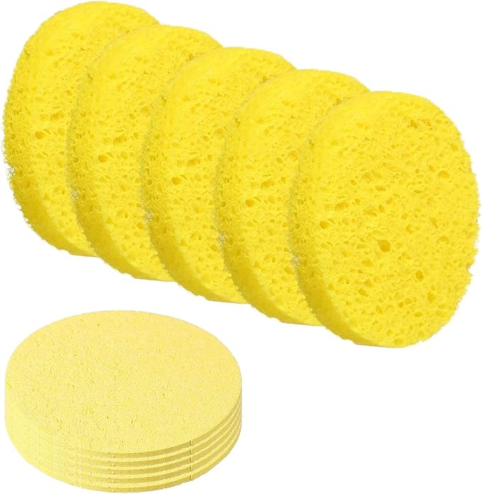 uxcell 10Pcs Cellulose Sponges, Round Kitchen Clean Sponges Non-Scratch Compressed Dish Scrubber for Kitchen Household Cookware Bathroom Cleaning & DIY, Gold