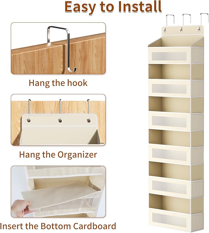 Over The Door Organizer with 6 Large Pockets, Over the Door Storage 12 Side Pockets, Hanging Door Organzier 44 lb Load Behind Door Storage Hanging Shelf for Closet Wall Bathroom Nursery, 6-Tier Beige