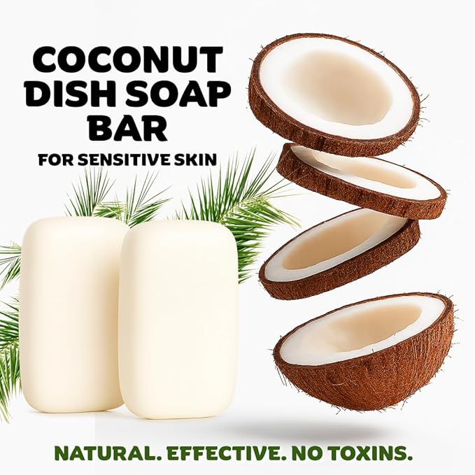 Solid Dish Soap Bar for Sensitive Skin – Organic Ingredients with Coconut, Hypoallergenic, Chemical-Free, Ultra-Concentrated Biodegradable Formula, Plant-Based & Zero Waste – 2 Bars