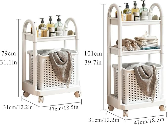 Layered Storage Laundry Basket, Hollow Rectangular Clothes Storage Rack with Wheels,Freestanding Clothes Hamper for Kitchen Bathroom Bedroom Laundry Room(47x79cm(18.5x31.1in), White)