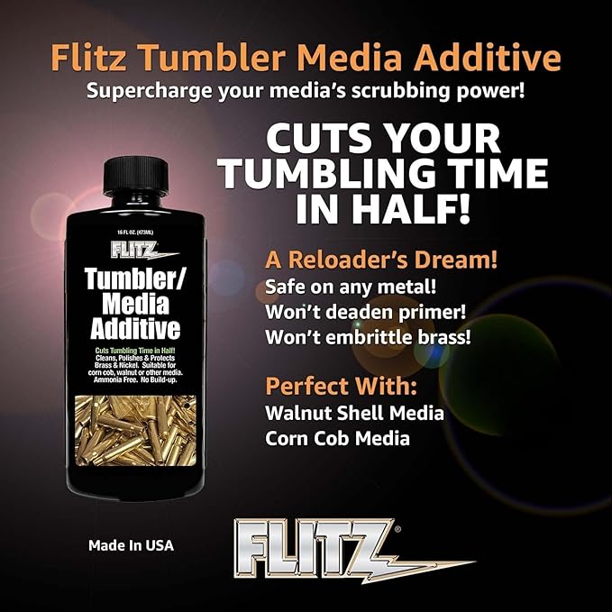Flitz Tumbler Media Additive - 16oz Bottle of USA-Made Brass Cleaner Reloading Liquid for Ammo, Copper, & All Metals - Ammonia-Free Tumbling Polish to Remove Oxidation, Powder Residue (1 Pack)