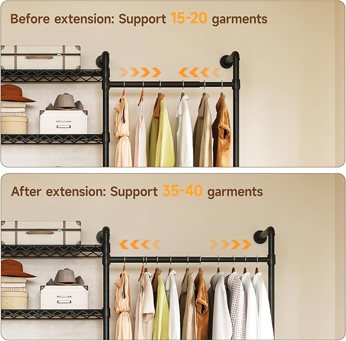 ONBRILL H3 Wall Mounted Closet System, Expandable Industrial Pipe Clothes Rack Clothing Rack for Hanging Clothes, Heavy Duty Closet Organizers and Storage in Wardrobe Closet, Black