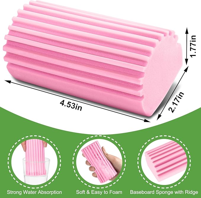 4-Pack Damp Clean Duster Sponge,Pink Damp Dusting Sponge,Duster Baseboard Cleaner Sponge with Ridges,Reusable Wet Duster Sponge,Household Cleaning Sponges for Blinds,Window Track Grooves
