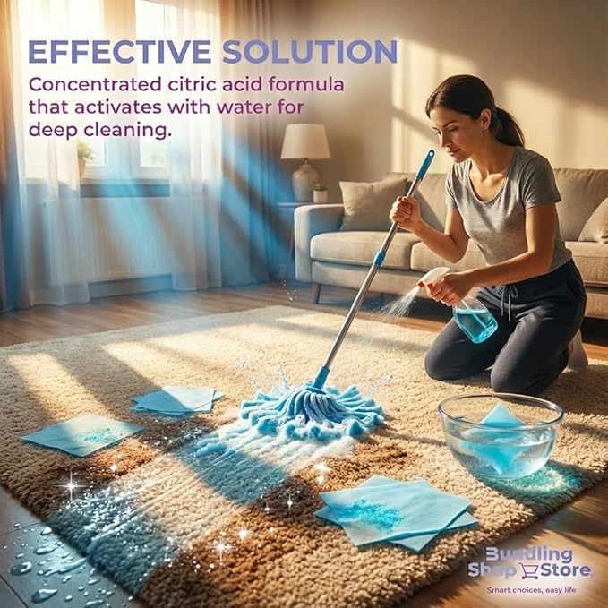 Concentrated carpet cleaner- Water activated citric acid formula for carpets, rugs, upholstery and interior fabrics, pack of 60 units