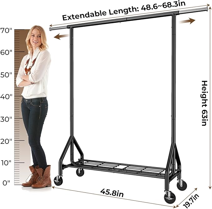 HYSEYY Heavy Duty Clothes Rack Load 450 LBS, Metal Garment Rack, Standing Rolling Clothing Rack for Hanging Clothes with Sturdy Wheels & Shelves, Portable Closet Wardrobe Rack,Black