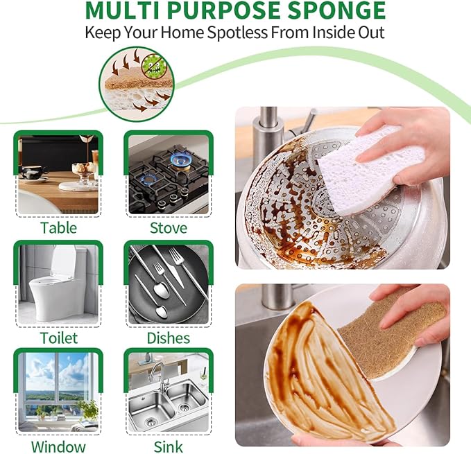 Sponges Kitchen Natural Dish Sponge Plant-Based Biodegradable Compostable Cellulose with Coconut Scrubber Sponge Non Scratch Eco Friendly Kitchen sponges for Kitchen Dishes