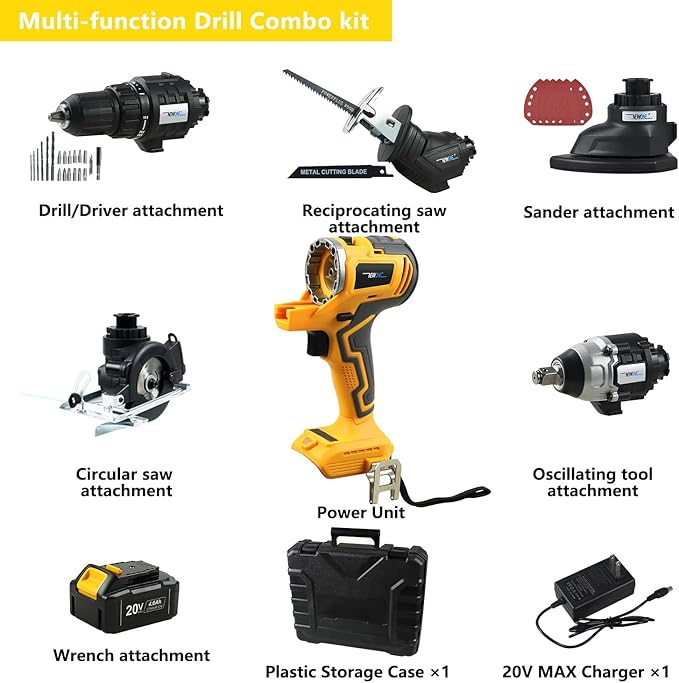 NEWONE 5-Tool Cordless Tool Combo Kit Compatible with De-Walt 20V Battery,Tool Set with Circular Saw, Drill,Reciprocating Saw, Impact Wrench, Sander with Accessories, 4.0Ah Lithium Battery and Charger