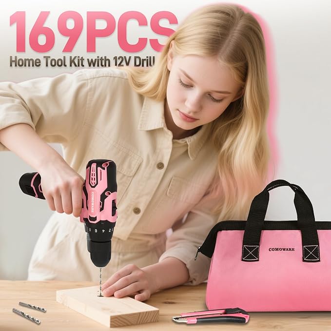 COMOWARE 12V Cordless Drill Set, Pink Hand Tool Set with Cordless Drill Driver, Complete Repair Tool Kit for Women, Storage Bag, Ideal for Office, Garden, Dorm and DIY Project