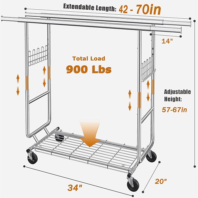 Gewudraw Heavy Duty Clothes Rack Load 900 Lbs, Double Rod Rolling Clothing Rack With Sturdy Wheel And Shelves，Adjustable Portable Hanging Rack For Clothes,Silver Stainless Steel