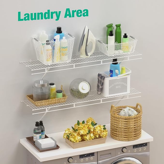 HAUSHOF Closet Shelves Wall Mounted 2-Pack, 4 ft x 12in White Wire Shelving for Laundry Room, Closet, Basement Organization and Storage