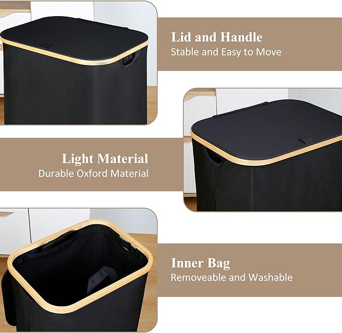 iEGrow Laundry Hamper with Lid, 110L Large Laundry Hamper with Handle and Lid, Collapsible Clothes Basket Organizer with Removable Inner Bag for Clothes Toys Towels - Black