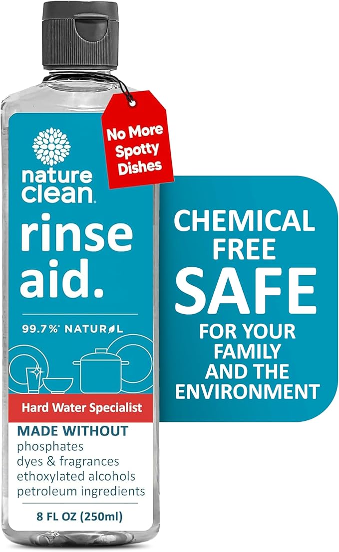Nature Clean All Natural Dishwasher Rinse Aid Cleaner, Liquid Dishwasher Rinse Agent Spot-Free Glass & Cutlery in Hard Water, Non-Toxic Dish Washer Drying Agent & Stain Remover, 8 oz/250ml, Pack of 1