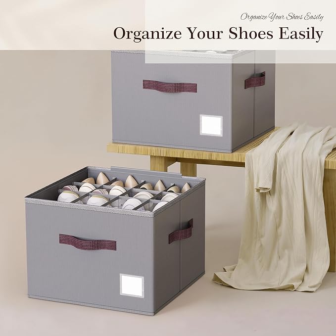 Criusia Shoe Organizer for Closet, 3 Pack Shoe Organizer with Transparent Cover and Sturdy Handles, Closet Shoe Storage for Sneakers Sandals Slippers, Fit 12-16 Pairs, Gray