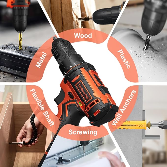 Cordless Drill Set,12V Power Drill Driver 3/8" Keyless Chuck with 92 Acessories, Built-in LED Light, 25+1 Position, Electric Drill for Home DIY Projects (Orange)