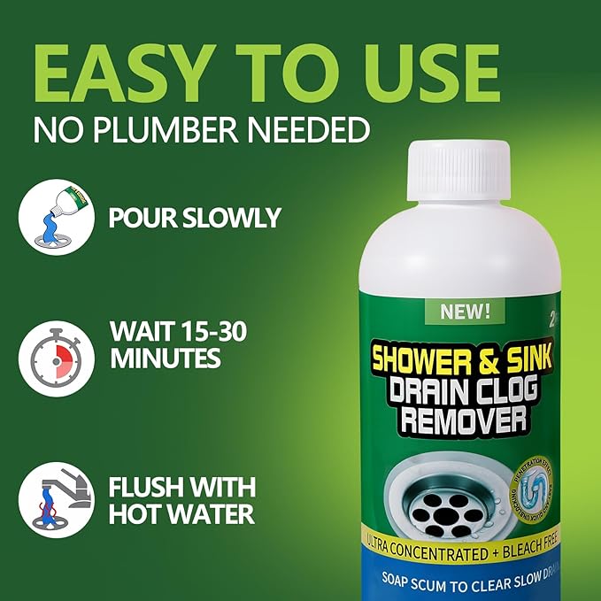 Drain Cleaner Clog Remover Liquid: Sink Kitchen Bathroom Shower Drain Cleaning Solution - Safe for Household Pipes Prevents Build-Up (2 Pcs)