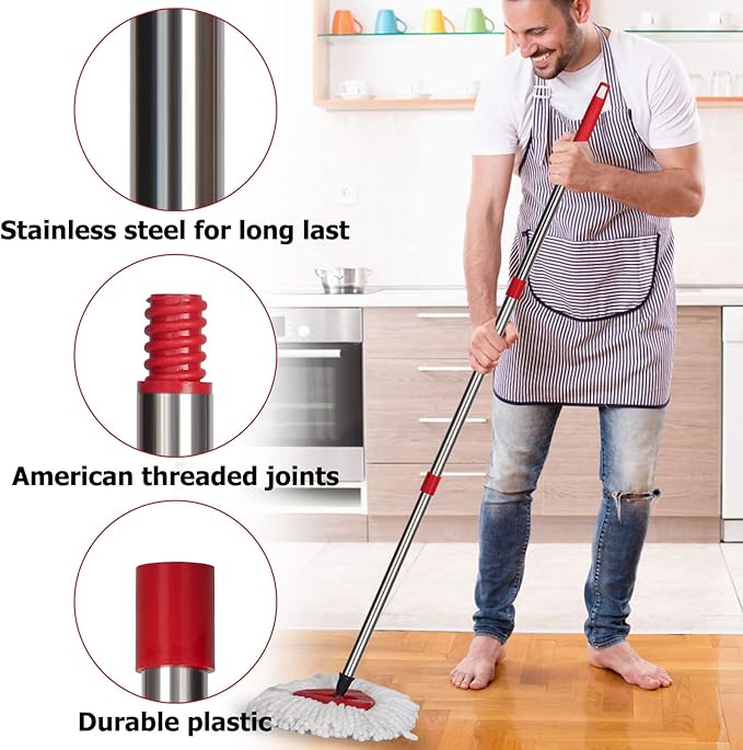 Qulable Spin Mop Replacement Handle - 4-Section 30" to 58" Mop Handle Replacement Stick Compatible with O-Ceda Spin Mop, EasyWring Mop Handle for Floor Cleaning(Mop Head&Base not Include) (Red)