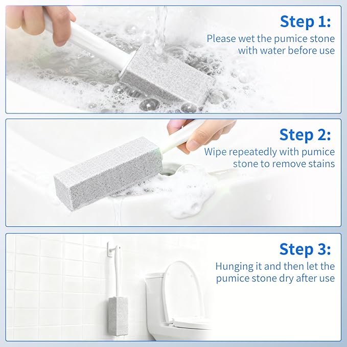 W&E Choice Toilet Pumice Stone 3 Pack, Pumice Stone for Bathtub Cleaning with Extra Long Handle, Toilet Brush for Cleaning Toilets, Bathtubs, Grills, Swimming Pools, Sinks