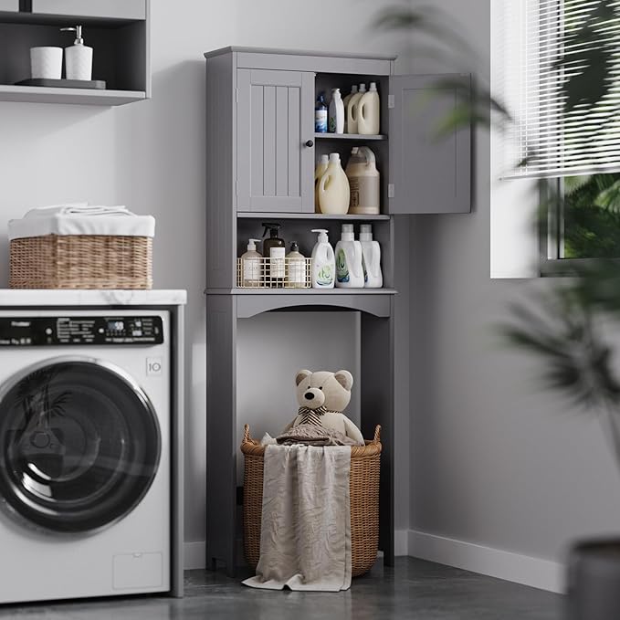Bealife Over The Toilet Storage Cabinet with Open Shelf, Organizer with Adjustable Shelf and Double Doors,Over The Toilet Storage Shelf Free Standing (Grey)