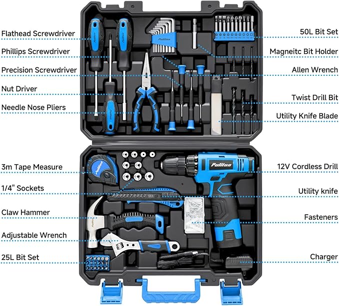 PULITUO Tool Set, 148-Piece Home Drill Set with 12V Blue Cordless Drill, Hand tool Kits, and Box, Suitable for Men, Women, and DIY Enthusiasts for Home Improvement.