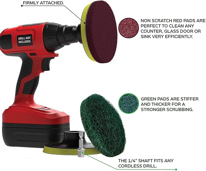 4 Inch Drill Powered Brush Tile Scrubber Scouring Pads,6 Scrubbing Pads with 4 Inch Pad Holder,1Quick Change Hex Shaft for Kitchen Bathroom Grout Tub Grill Cleans Large Flat Areas